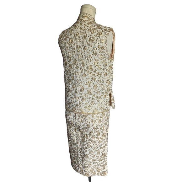 Vintage 50s Gold Silver Jacquard Brocade Wiggle Dress Vest Set Cocktail Pinup - Picture 9 of 14